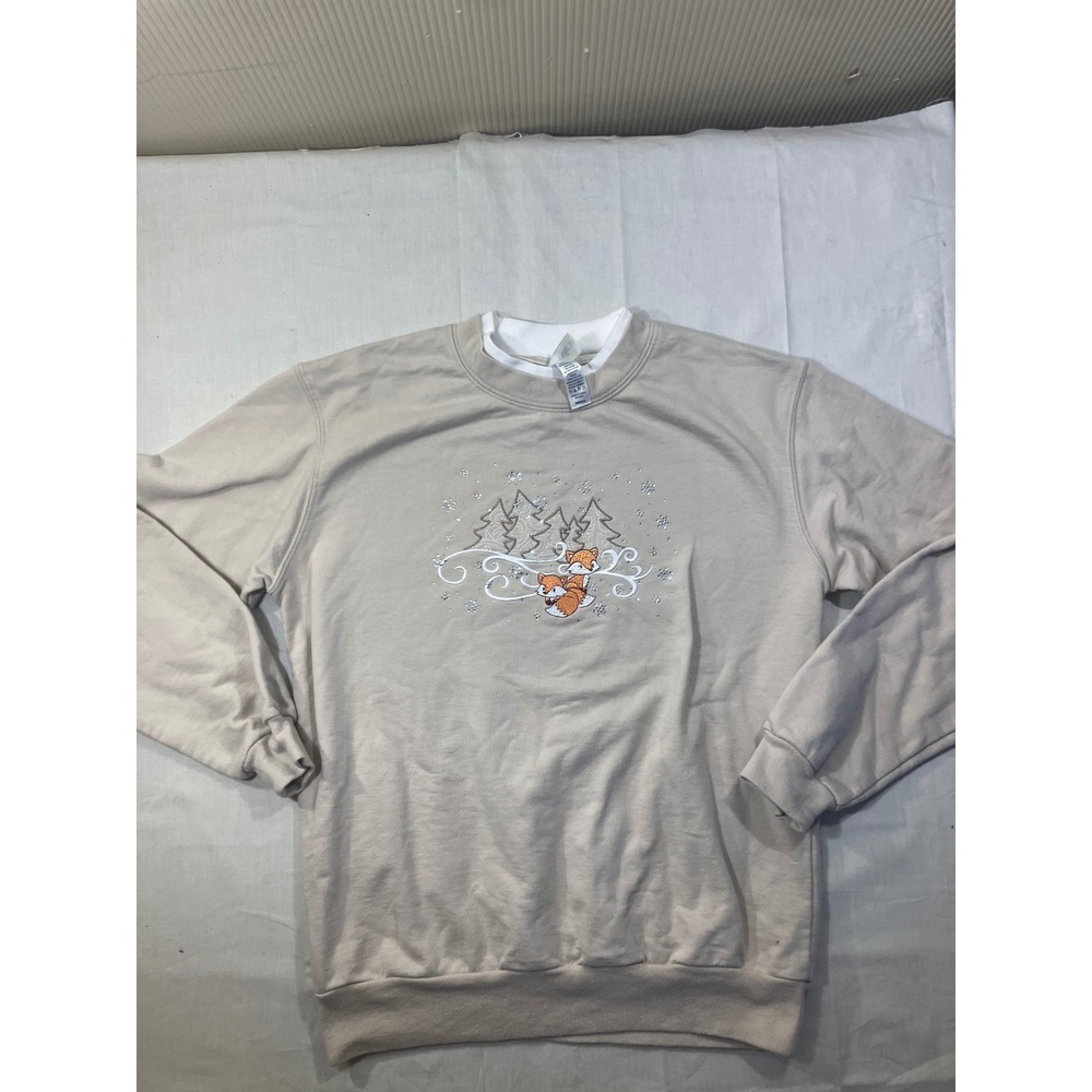 Morning Sun Small Tan Fox Trees Embroidered‎ Crewneck Sweatshirt